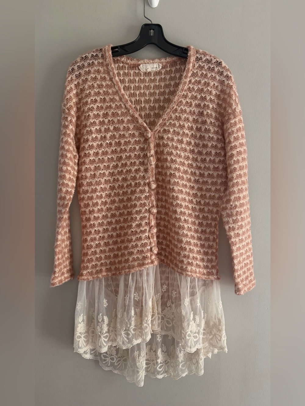 A'Reve Pink Crochet Knit Cardigan with Lace Hem